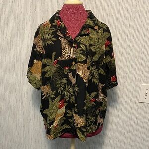 Erin London XL Linen Blend Tropical Animal Printed Button Down Blouse